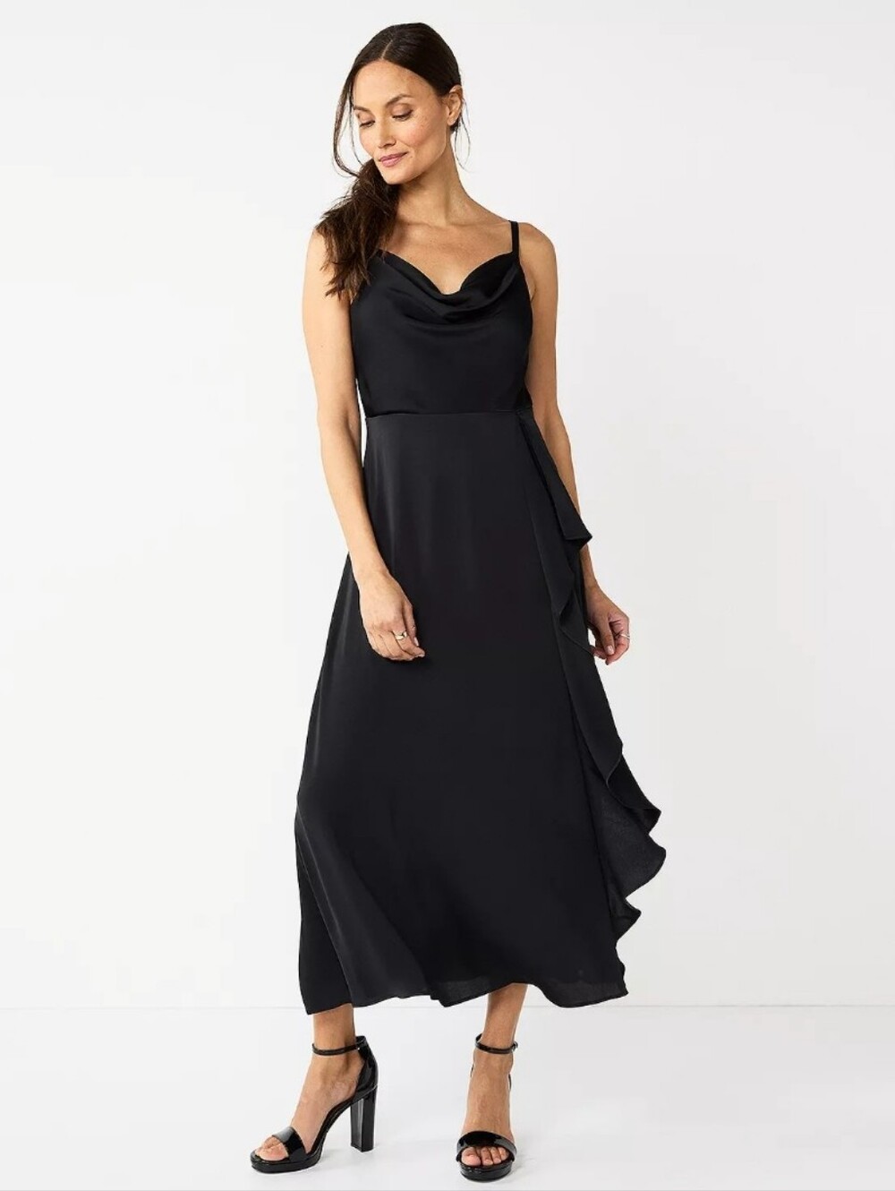 NWT Nine West Draped Cowl Neck Black Satin Maxi Slip Dress Ruffle Trim Formal M